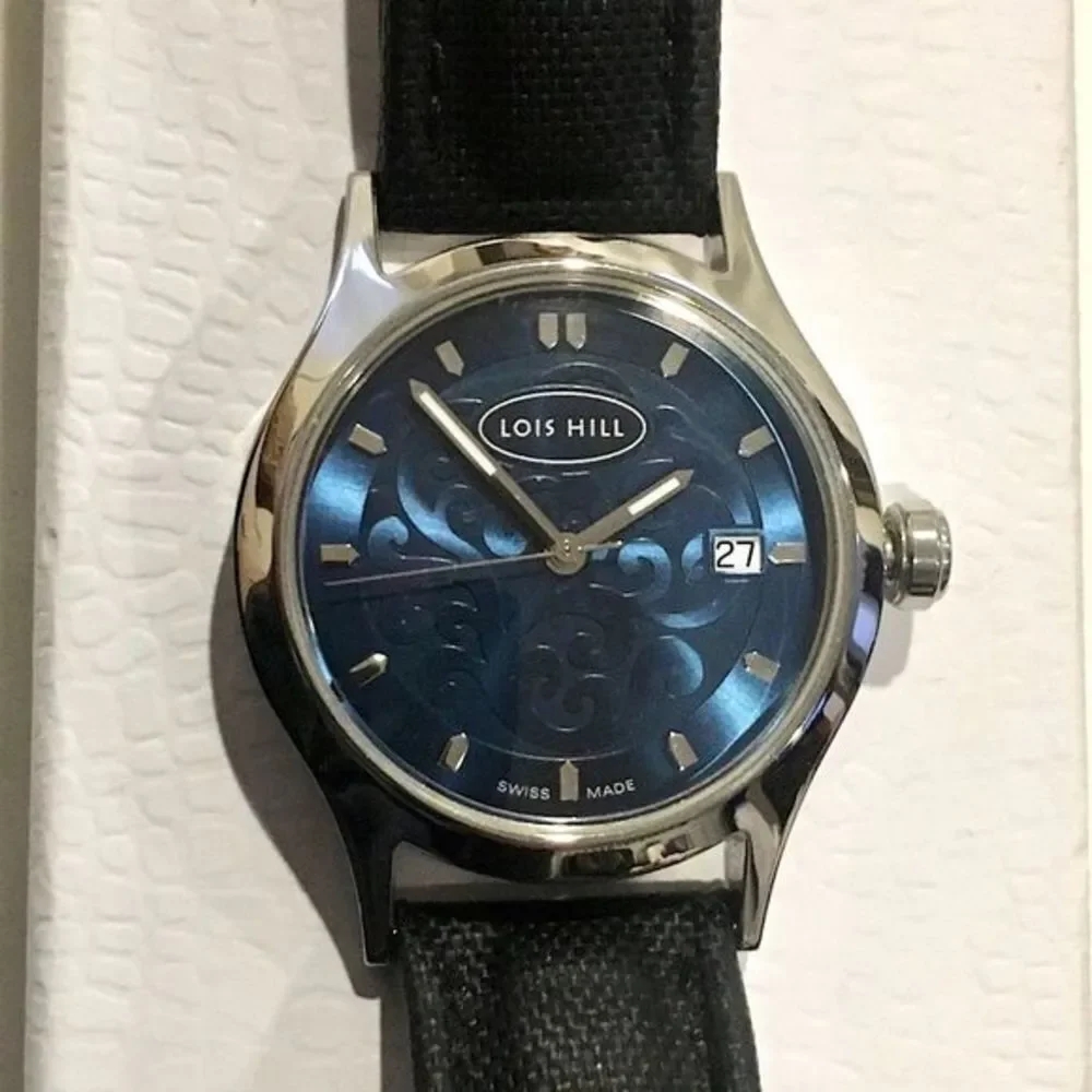 LOIS HILL Swiss Blue Round Face Watch with Black Leather Replacement Band